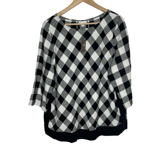 J. Jill Love Linen Pullover Top Womens Large Black Gingham Check 3/4 Sleeve - Picture 2 of 12